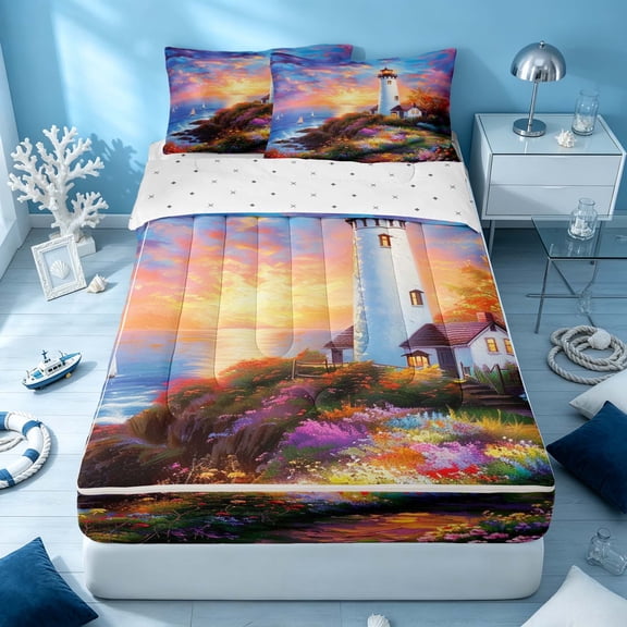 Erosebridal Coastal Lighthouse Zipper Twin Comforter Sets with Fitted Sheet and 2 Pillowcases, Ocean Zipper Bedding Set, Reversible