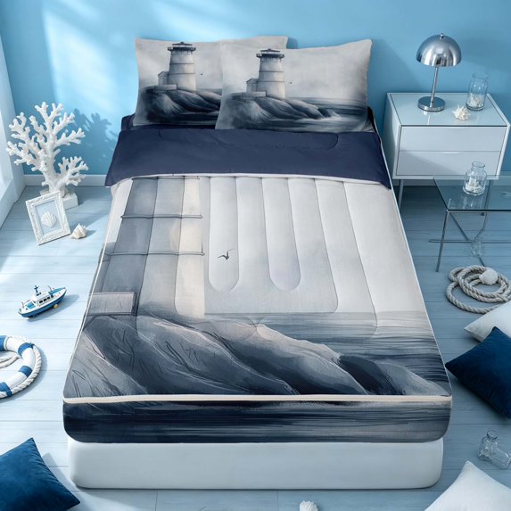 Erosebridal Coastal Lighthouse Zipper Twin Comforter Sets with Fitted Sheet and 2 Pillowcases, Sea Nautical Zipper Bedding Set, Navy Reversible
