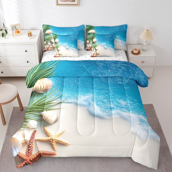 Erosebridal Coastal Marine Bedding Queen Size, Kawaii Seashell Bedding Sets Queen Size, Cartoon Beach Decor, Reversible