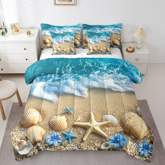 Erosebridal Coastal Marine Bedding Sets King Size, Kawaii Seashell Comforter Sets with Sheets, Cartoon Beach Decor, Reversible 7 Pieces