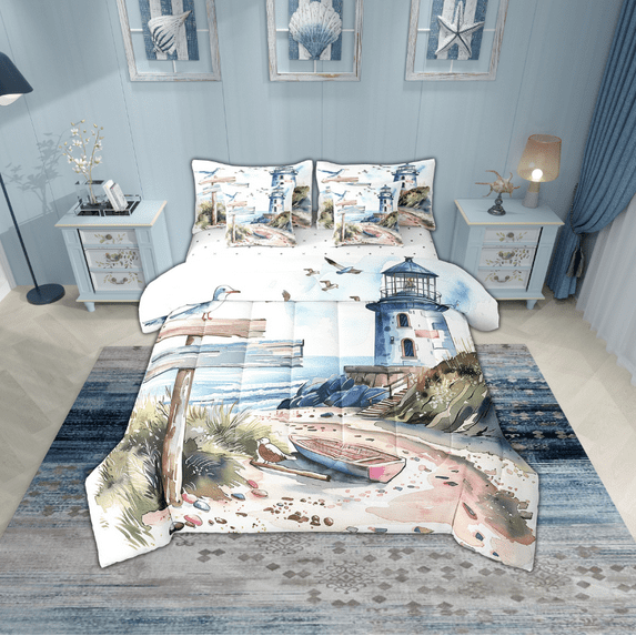 Erosebridal Coastal Marine Bedding Twin Size, Beach Ocean Bed in a Bag Twin size, Boat Lighthouse Decor, Reversible 7pcs