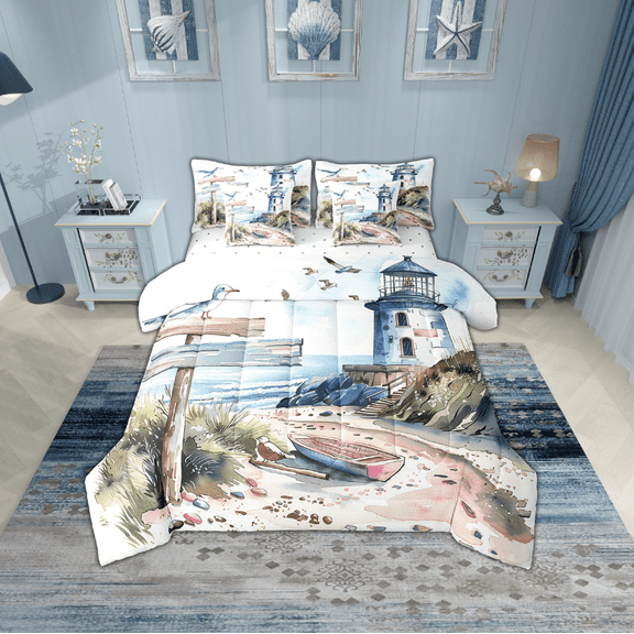 Erosebridal Coastal Marine Bedding Twin Size, Beach Ocean Bed in a Bag Twin size, Boat Lighthouse Decor, Reversible 7pcs