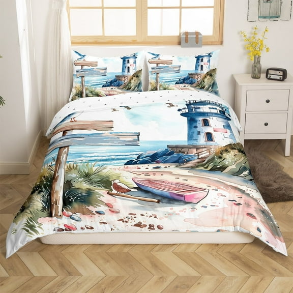 Erosebridal Coastal Marine Comforter Cover Twin, Beach Ocean Bedding Twin Size, Boat Lighthouse Decor, Reversible 2pcs（No Comforter）