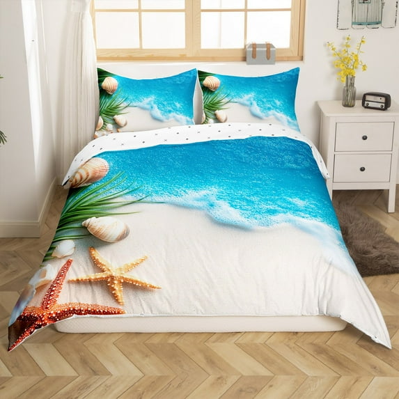 Erosebridal Coastal Marine Duvet Cover Queen, Kawaii Seashell Bedding Sets Queen Size, Cartoon Beach Decor, Reversible(No Comforter)