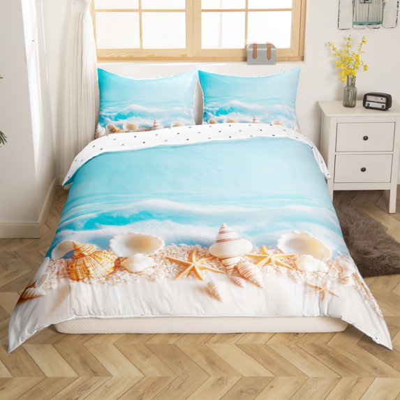Erosebridal Coastal Marine Duvet Cover Queen, Kawaii Seashell Comforter Cover Queen, Cartoon Beach Decor, Reversible 3pcs(No Comforter)