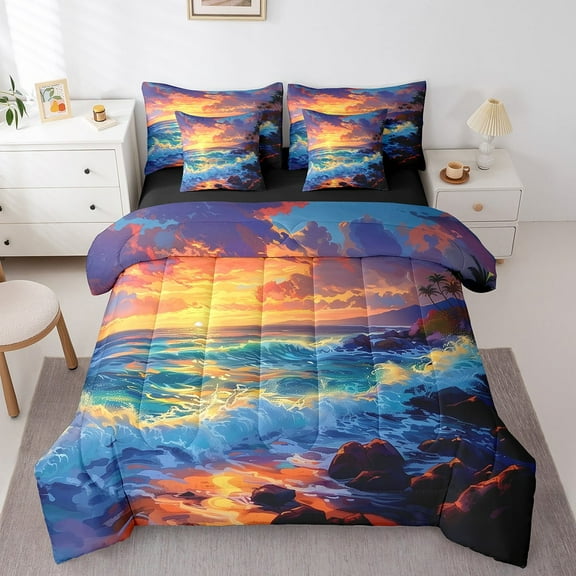 Erosebridal Coastal Ocean Bedding Sets Twin Size, Sea Waves Comforter Sets with Sheets, Beach Sunset Decor, Reversible 7 Pieces
