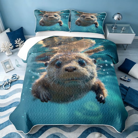 Erosebridal Coastal Otter Quilt King, Ocean Animal King Coverlet Set, Reversible 3pcs, 1 Bedspread and 2 Pillowcases