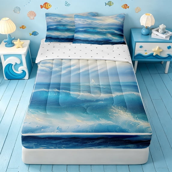 Erosebridal Coastal Seascape Zipper Full Size Comforter Sets with Fitted Sheet and 2 Pillowcases,Oil Painting Ocean Wave Zipper Bedding Set For Boys,Reversible,4 Pieces