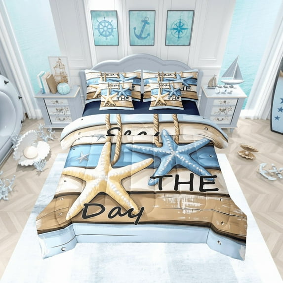 Erosebridal Coastal Starfish Bedding Queen Size, Tropical Beach Bed in a Bag Queen size, Reversible 7-Piece