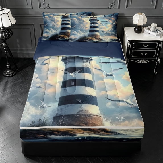 Erosebridal Coastal Striped Lighthouse Zipper Queen Comforter Set with Fitted Sheet and 2 Pillowcases,Seagull Wave Zipper Bedding Set For Boys,Navy Blue Reversible,4pcs