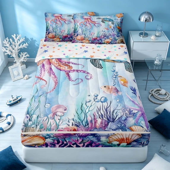 Erosebridal Coastal Turtle Zipper Twin Comforter Sets with Fitted Sheet and 2 Pillowcases, Ocean Octopus Zipper Bedding Set, Stars Reversible