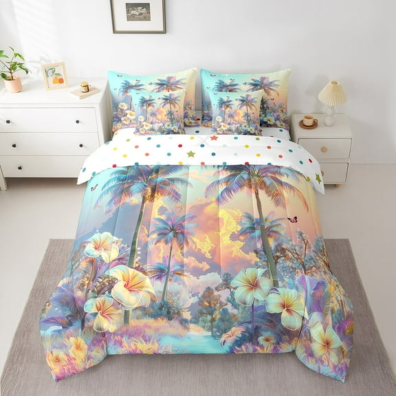 Erosebridal Coconut Palm Bed in a Bag Full size, White Flower Floral Bed Set, Dreamy Sky Decor, Reversible 7pcs