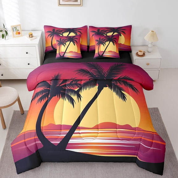 Erosebridal Coconut Palm Bedding King Size, Orange Sunset Bedding Sets King Size, Cartoon Ocean Decor, Reversible 7-Piece