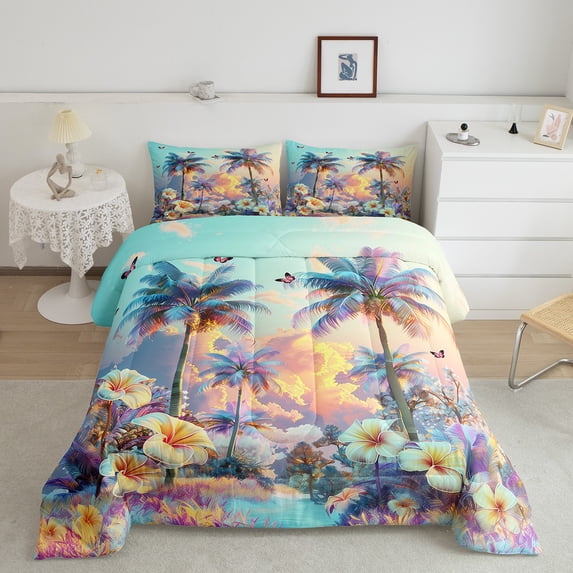 Erosebridal Coconut Palm Bedding Sets Twin with Comforter, White Flower Floral Duvet Insert, Dreamy Sky Decor, Reversible 2pcs