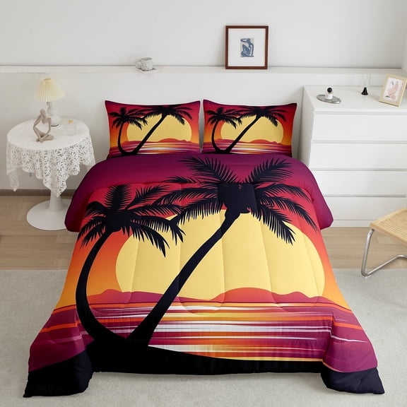 Erosebridal Coconut Palm Comforter Sets King Size, Orange Sunset Comforters & Duvets, Cartoon Ocean Decor, Breathable 3-Piece