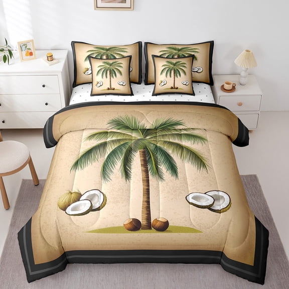 Erosebridal Coconut Palm Tree Bedding Sets Twin Size, Tropical Plant Comforter Sets with Sheets, Botanical Bed Set, Ultra Soft Room Decorative, 7pcs