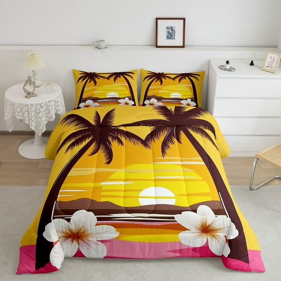 Erosebridal Coconut Tree Bedding Twin Comforter Set, Cherry Blossoms Down Comforter, Ocean Sunset Decor, Reversible 2pcs