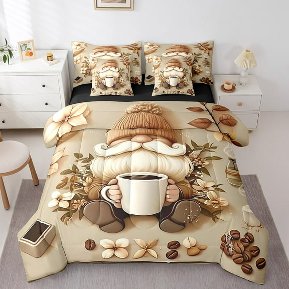 Erosebridal Coffee Gnome Bedding Queen Size,Cartoon Cup Bedding Sets Queen Size,Floral Beans Comforter Sets with Sheets,Microfiber Kawaii Room Decorative,Reversible,7 Pieces
