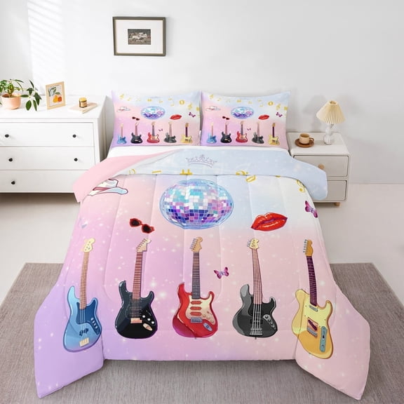 Erosebridal Coloful Guitar Bedding Twin Comforter Set,Musical Instrument Down Comforter,Country Music Theme Bedding Sets Twin with Comforter For Youth,Lightweight Room Decor Reversible2 Pieces
