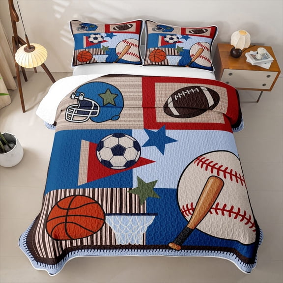 Erosebridal Color Block Sport Collage Bed Spread Queen,Soccer Basketball Baseball Stars Queen Coverlet Set For Boys,3 Pieces