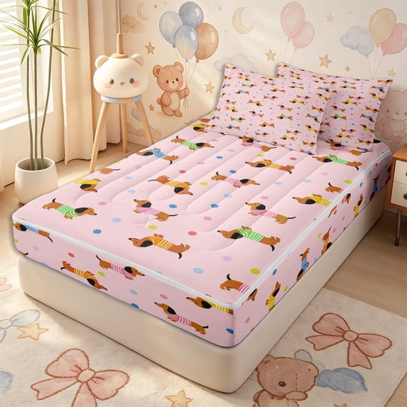 Erosebridal Color Stripe Sausage Dog Zipper Twin Comforter Sets with Fitted Sheet and 2 Pillowcases,Playful Dot Zipper Bedding Set,Blush Pink,4-Piece,Pink Reversible