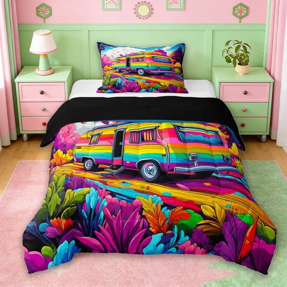 Erosebridal Colorful 3D Camper Twin Comforter Sets,Cartoon Camping RV Bedding Set For Girls Kids,Reversible black,2-Piece