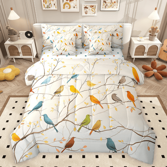 Erosebridal Colorful Birds Bed in a Bag King size, Botanical Branches Bed Set, Polka Dots Reversible