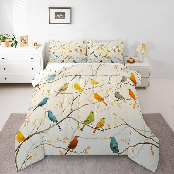 Erosebridal Colorful Birds Bedding Sets with Comforter, Botanical Branches Duvet Insert, Polka Dots Reversible
