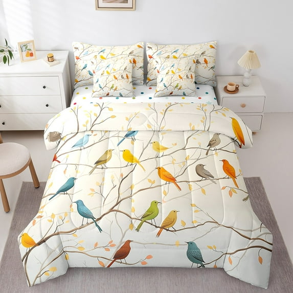 Erosebridal Colorful Birds Bedding Twin Size, Botanical Branches Comforter Sets with Sheets, Polka Dots Reversible