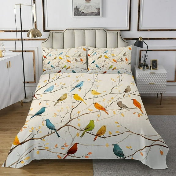 Erosebridal Colorful Birds Bedspread Sets King Size, Botanical Branches Bed Quilt, Polka Dots Reversible