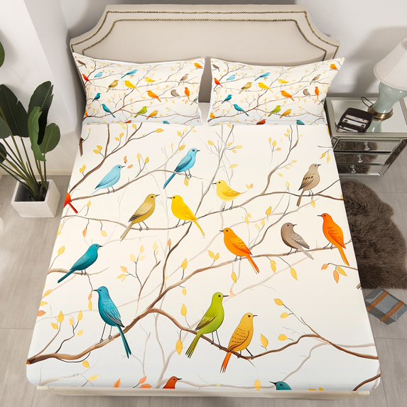 Erosebridal Colorful Birds Fitted Sheet Set Queen, Botanical Branches Bedding, Polka Dots (No Top Sheet)