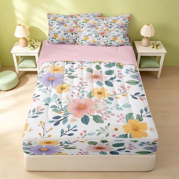 Erosebridal Colorful Blossom Zipper Twin Comforter Sets with Fitted Sheet and 2 Pillowcases, Chic Flower Zipper Bedding Set, Pink Reversible, Pastel Mint, Pink Reversible