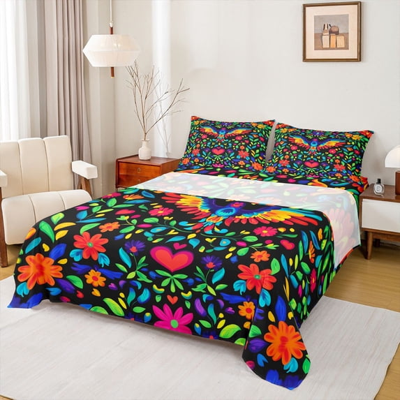 Erosebridal Colorful Bohemian Birds Bed Sheets,Cartoon Loves Daisy Pattern King Sheets For Girls Kids 4 Pieces