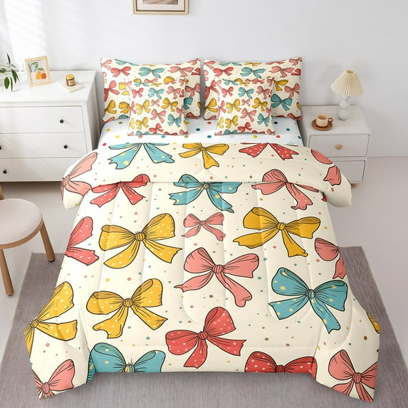 Erosebridal Colorful Bow Bedding, Vintage Ribbon Bed in a Bag, Old Fashion Reversible Bed Set, Ultra Soft Room Decoration, 7 Pieces