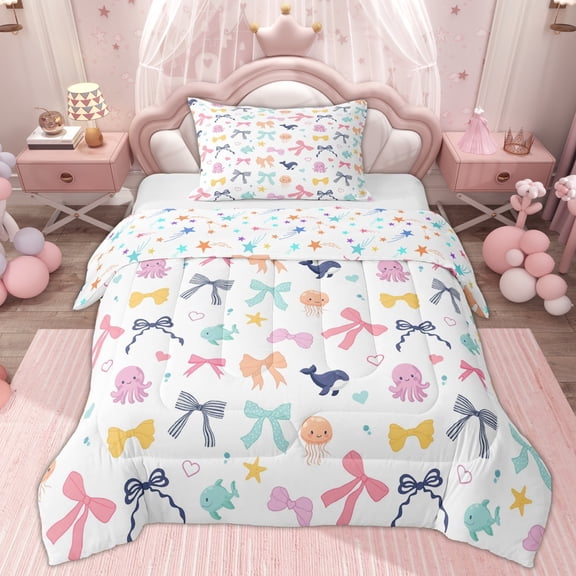 Erosebridal Colorful Bow Twin Comforter Sets, Cute Jellyfish Shark Bedding Set, 2 Pieces