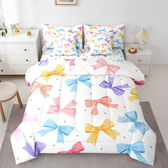 Erosebridal Colorful Bowknot Bed in a Bag Twin size, Cartoon Rainbow Bedding Twin Size, Cute Polkadot Reversible Comforter Sets with Sheets, Microfiber Room Decor, 7-Piece