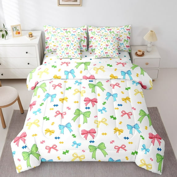 Erosebridal Colorful Bowknot Bedding Queen Size, Cartoon Puzzle Bedding Sets Queen Size, Princess Style Reversible Bed Set, Super Cozy Room Decor, 7 Pieces