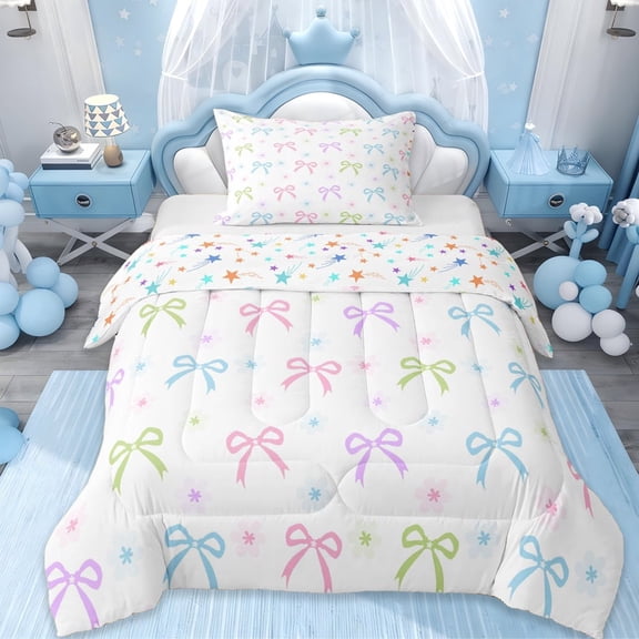 Erosebridal Colorful Bowknots Twin Comforter Sets For Girl Kids,Rainbow Dreamy Princess Bows Bedding Set For Bowtie Lovers, Reversible 2 Pieces