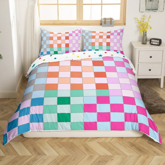 Erosebridal Colorful Buffalo Plaid Comforter Cover Queen Geometric Grid Checkered Bedding Set Rainbow Ombre Checkerboard Duvet Cover Women(No Comforter)