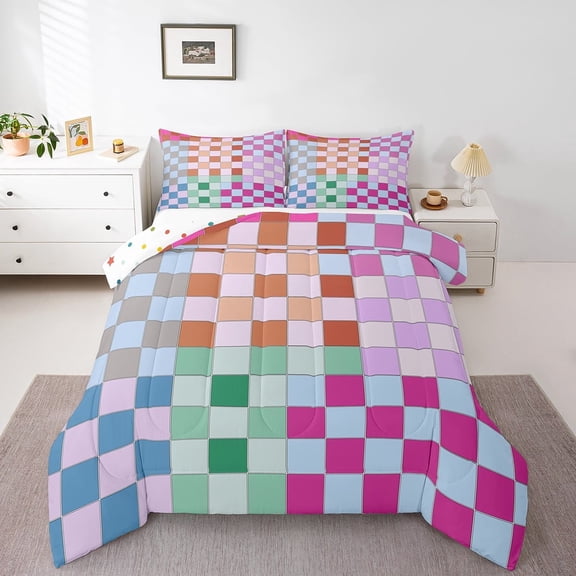 Erosebridal Colorful Buffalo Plaid Comforter Set Twin Geometric Grid Checkered Bedding Set Rainbow Ombre Checkerboard Quilt Set Women,Groovy Aesthetic Duvet Set