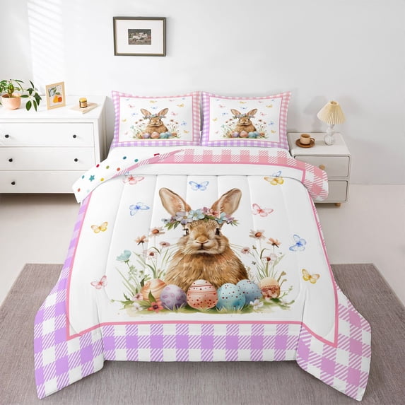 Erosebridal Colorful Butterflies Flowers Full Size Comforter Sets 3 Pieces For Children,Kids Easter Rabbits Eggs Bedding Sets,Luxury Bedroom Decor