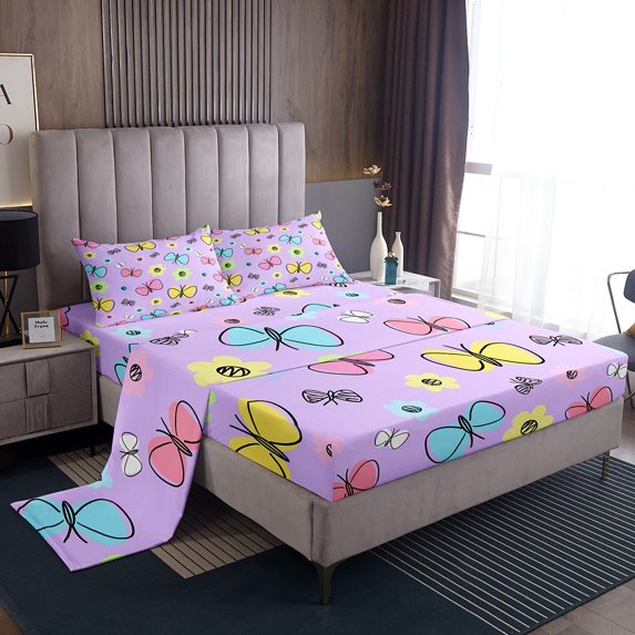 Erosebridal Colorful Butterfly Bed Sheets King,Purple Pink King Sheet Sets,Microfiber Sheet Set King,Cartoon Decoration,4 Pieces