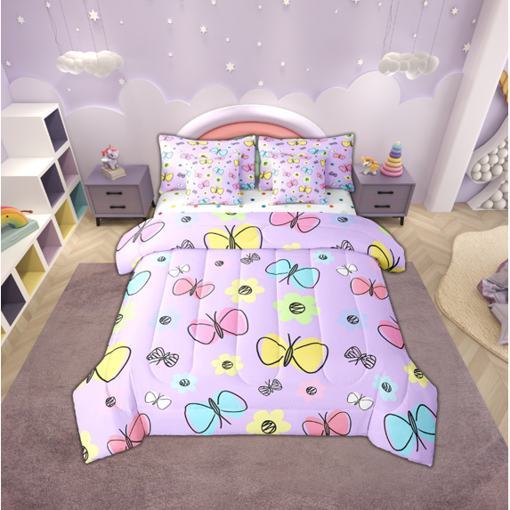 Erosebridal Colorful Butterfly Bedding Queen Size,Purple Pink Comforter Sets with Sheets,Microfiber Reversible Bedding Sets Queen Size,Cartoon Decoration,7 Pieces