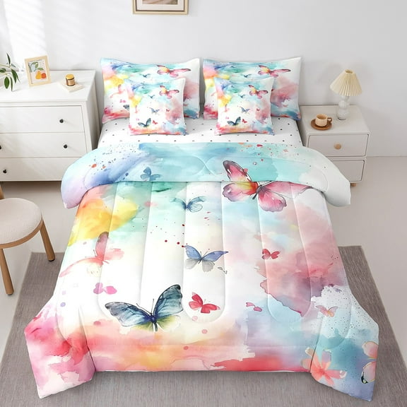 Erosebridal Colorful Butterfly Bedding Sets Full Size, Watercolor Comforter Sets with Sheets, Pink Flower Decor, 7 Pieces