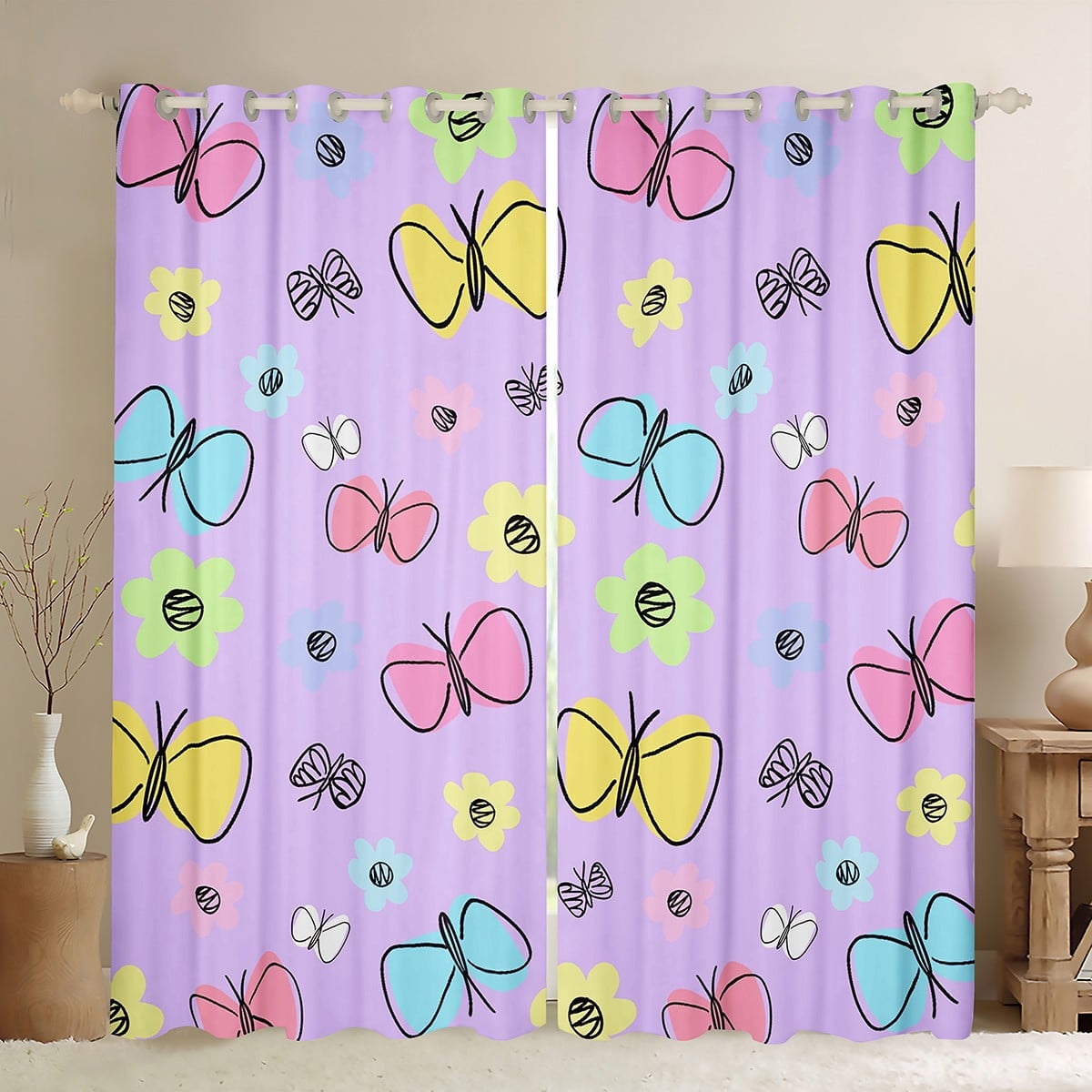 Erosebridal Colorful Butterfly Curtains for Living Room,Purple Pink 30%-50% Blackout Curtains Set of 2 (38x45),Curtains Pack of 2 (38x45),Cartoon Decoration