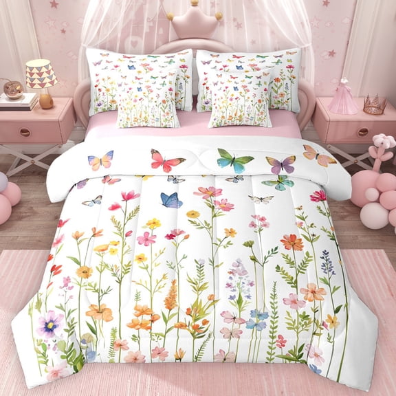 Erosebridal Colorful Butterfly Twin Bedding Sets for Kids Girls, Garden Rainbow Floral Bedding Comforter Set, Pink Reversible, 7-Piece