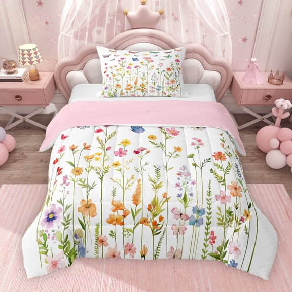 Erosebridal Colorful Butterfly Twin Comforter Sets for Kids Girls, Garden Rainbow Floral Bedding Set, Pink Reversible 2pcs, 1 Comforter and 1 Pillowcase