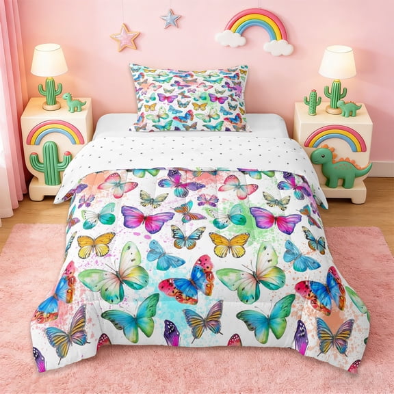 Erosebridal Colorful Butterfly Twin Comforter Sets,Watercolor Splash Ink Bedding Set For Girls Kids, Reversible 2pcs
