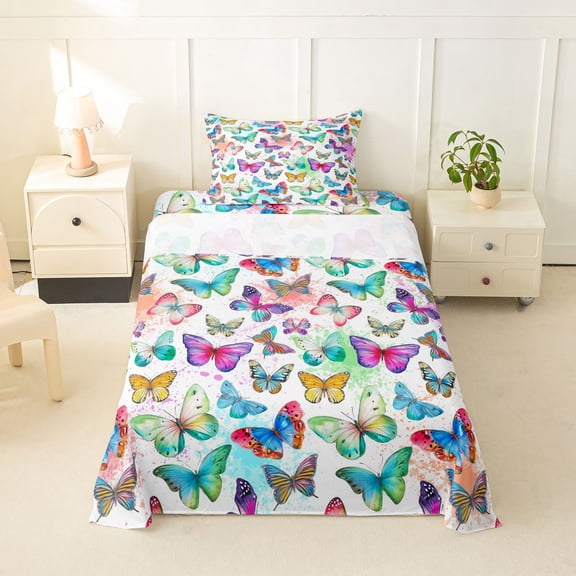 Erosebridal Colorful Butterfly Twin Sheet Sets,Watercolor Splash Ink Bedding For Girls Kids 3pcs