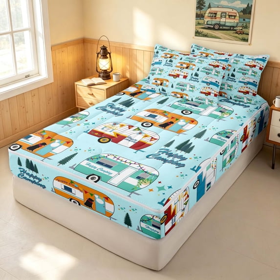 Erosebridal Colorful Camper Zipper Twin Comforter Sets with Fitted Sheet and 2 Pillowcases for Boys Girls, Happy Camping Theme Zipper Bedding Set, Colorful Stars Reversible
